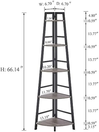 BON AUGURE Rustic Tall Corner Bookshelf, 5 Tier Wood and Black Metal Corner Ladder Shelf, Industrial Corner Bookcase and Gray Corner Shelf for Living Room, Bathroom, Kitchen (Dark Gray Oak) - Image 2