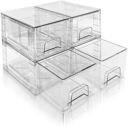 Small Stackable Clear Acrylic Storage Drawers(4 Pack) with Handles,Plastic Organizer Bins for Fridge Bathroom Kitchen Cabinet Pantry Coffee bar Undersink Office Closet Storage Bins by XWYWX