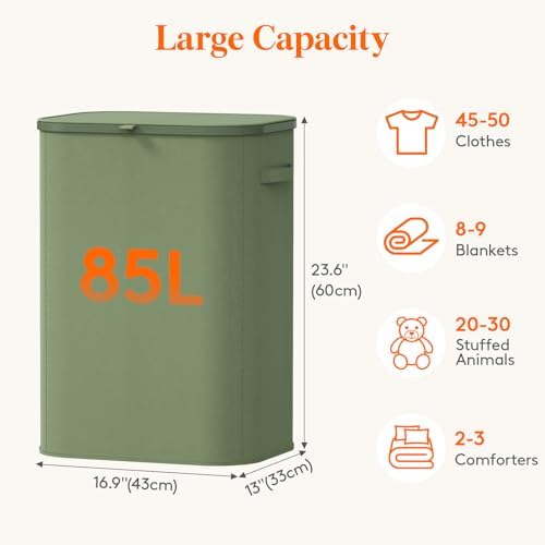 Lifewit 85L Large Laundry Hamper with Lid, Removable Inner Bag, Green - Image 2
