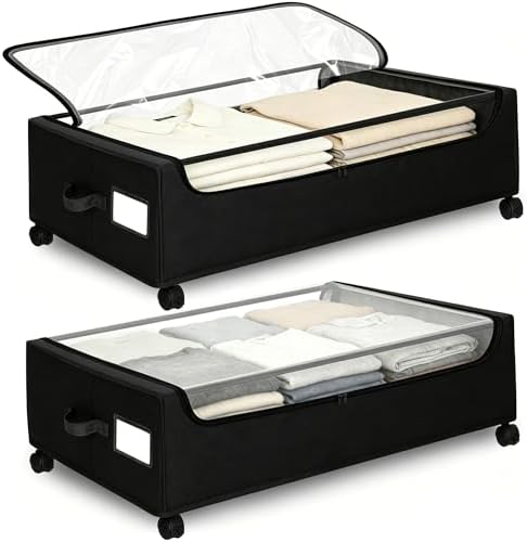 Under Bed Storage with Wheels, 2 Pack Under Bed Storage Containers, 6.7 inches Tall Underbed storage bins on Wheels, Rolling Under the Bed Metal Drawers for Clothes, Blankets, Shoes (XXL, 56L ) by Unknown