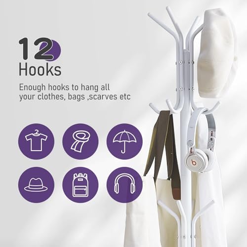 Coat Rack Freestanding Entryway Hanger Stand, Umbrella Holder, Hall Tree With 12 Hooks, Floor Standing Metal Tree Stand, White - Image 5