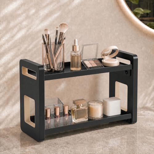 Narrow Solid Wood Bathroom Counter Organizer, Space-Saving Bathroom Storage Rack for Vanity, Multi-Purpose Kitchen Spice Rack & Bedroom Makeup Organizer (Black 2 Tier, 1 Pack) by GLDFI