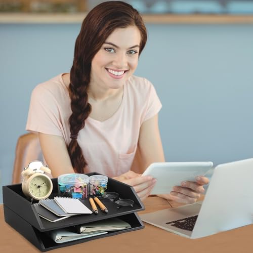 Beeveer 2 Pcs Black Wood Letter Tray Wooden Desk Paper Organizer 2 Tier Stackable Load Documents Desktop Tray Drawer File Folder Magazine Office Accessories for Home Office Back to School - Image 6