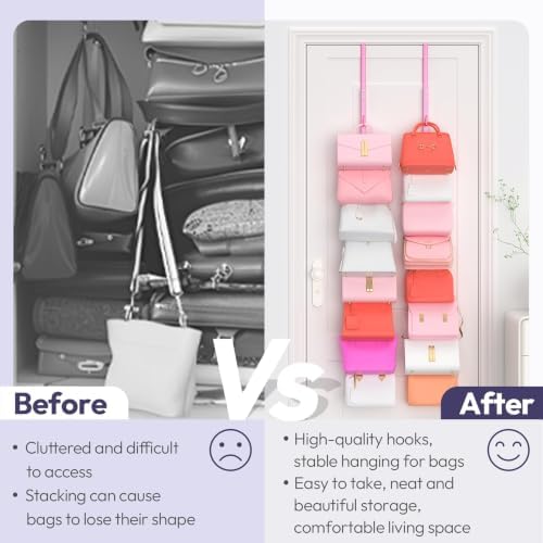 SWTYMIKI Over the Door Purse Organizer - 2 Packs Wall Mounted Purse Rack with 8 Hooks Design, Hanging Handbag Organizer Storage Holds up to 16 Bags, Bag Rack for Closet, Door(Pink) - Image 3