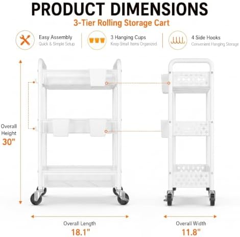 3 Tier Heavy Duty Metal Rolling Storage Cart Organizer with Wheels, White - Image 3