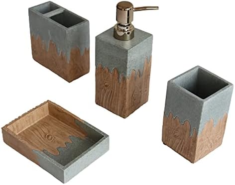 Hymmah Bathroom Accessories Set,Wooden Design Toothbrush Holder,Farmhouse Bathroom Decor,4 Pcs Resin Gift Set Apartment Necessities, Contain Toothbrush Cup,Soap Dispenser,Soap Dish,Tumbler - Image 2