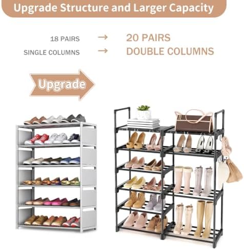ROJASOP Shoe Rack Organizer, 6-Tier Metal Shoe Rack for Closet Entryway Garage, 20-24 Pairs Tall Shoe Boot Storage Shelf with Hooks, Stackable Large Shoe Stand, Black - Image 6