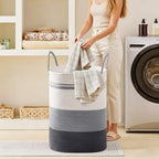 72L Large Tall Cotton Rope Laundry Basket with Handle, Grey Striped - Image 4
