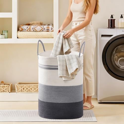 72L Large Tall Cotton Rope Laundry Basket with Handle, Grey Striped - Image 4