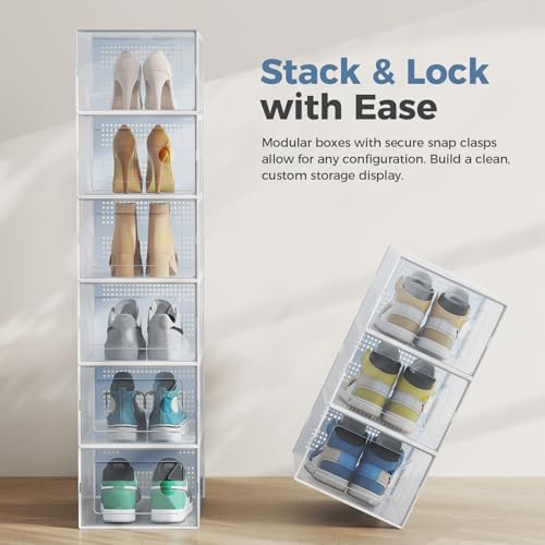 OLIXIS Shoe Storage Boxes, 15-Pack Clear Stackable Shoe Organizers with Lids, Sneaker Display and Storage Containers for Closet, Under Bed, Entryway, White - Image 4