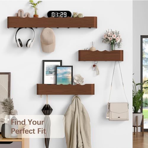 Coat Rack Wall Mount with Hidden Hooks, Wall Hooks with Shelf, Wall Key Holder Mount Wooden Shelf Entryway Hooks for Bedroom Bathroom for Hanging Coats Hats Bags Towels (Walnut Wave-Shape, 5 Hooks) - Image 7