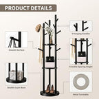 Solid Wood Rotary Coat Rack, Coat Rack Freestanding with 3 Storage Shelves & 9 hooks, Coat Tree for Entryway, Livingroom, Bedroom, Coat Hanger Stand for Coats, Scarves, Handbags, Hat (Black) - Image 4