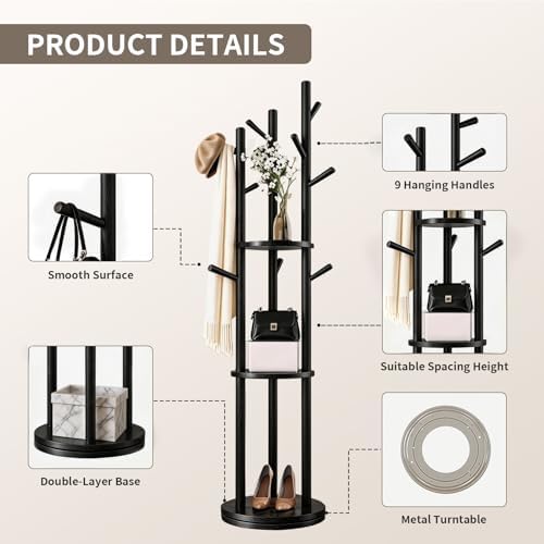 Solid Wood Rotary Coat Rack, Coat Rack Freestanding with 3 Storage Shelves & 9 hooks, Coat Tree for Entryway, Livingroom, Bedroom, Coat Hanger Stand for Coats, Scarves, Handbags, Hat (Black) - Image 4
