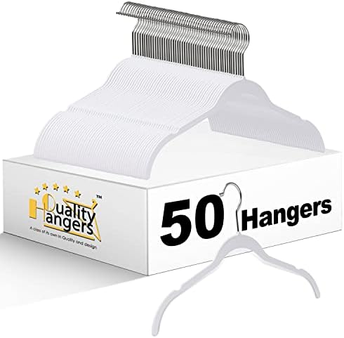 Quality Hangers Clothes Hangers 50 Pack - Non-Velvet Plastic Hangers for Clothes -Heavy Duty Coat Hanger Set -Space-Saving Closet Hangers with Chrome Swivel Hook, Non-Flocked Hangers (50, White) by QualityHangers