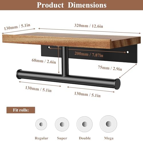 Tindbea Double Toilet Paper Holder with Wood Shelf, Wooden Wall Mount Toilet Paper Roll Holder, Matte Black Stainless Steel Bathroom Toilet Tissue Holder (Sapele, Matte Black) - Image 3