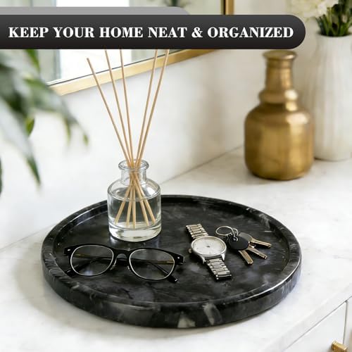 Natural Round Marble Tray - 7.8" Marble Vanity Tray for Dresser, Bathroom, Decorative Jewelry Dish for Perfumes Rings Earrings Necklaces, Stone Tray for Home Décor, Black - Image 3