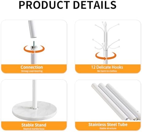 ZOZOE Metal Coat Rack Stand, Modern Coat Rack Freestanding with Natural Marble Base, Sturdy Coat Racks with 12 Hooks & Umbrella Holder,White Coat Tree Hanger Stand for Bags,Hats,Entryway,Office - Image 3