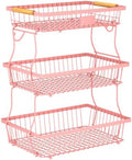 3 Tier Fruit Basket for Kitchen Counter with 2 Banana Hangers, Countertop Metal Fruit Bowl with Wooden Handle, Large Storage Stand for Vegetables, Snacks, Breads, Produce Storage – Pink by Unknown