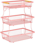 3 Tier Fruit Basket for Kitchen Counter with 2 Banana Hangers, Countertop Metal Fruit Bowl with Wooden Handle, Large Storage Stand for Vegetables, Snacks, Breads, Produce Storage – Pink by Unknown