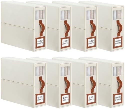 GhvyenntteS 8 Pack Bed Sheet Organizers and Storage (Queen & King Size), Foldable Sheet Organizers and Storage with Window and Label, Bed Sheet Organizer with Leather Handle, Beige by GhvyenntteS