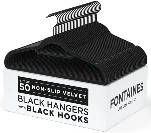 Fontaines Luxury Black Velvet Felt Non Slip Clothes Hangers 50 Pack - Ultra Slim & Space Saving - Heavy Duty Swivel Hook for Clothing, Suit, Top, Tie, Shirt, Skirt & Pant Organization by Fontaines