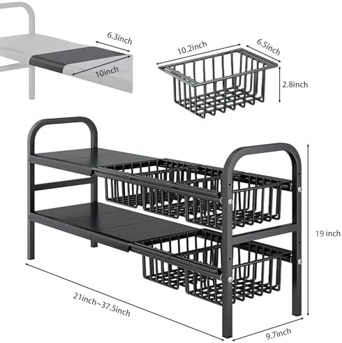 Under Sink Organizer，2 Tier Expandable Heavy Duty Metal Shelf，with 5 Removable Panels and 5 Storage Basket for Under Kitchen Bathroom Sink Organizers and Storage(X-Large,Black) - Image 2