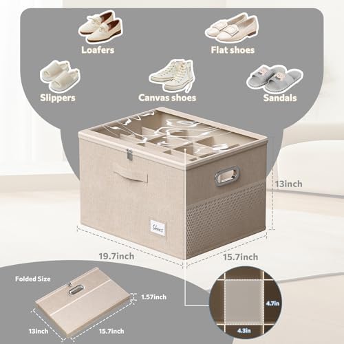 2 Pack Shoe Organizer for Closet Large Shoe Box Storage Containers with Clear Window Space Saving Shoe Bin with Foldable Bottom Support Adjustable Dividers Fits 32 Pairs (Beige, (19.7x15.7x13inch)x2) - Image 3