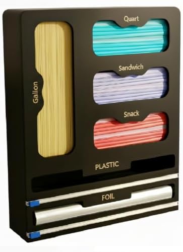 Storage Bag organizer, 6 in 1 Foil and Plastic Wrap Dispenser with Cutter, Bamboo Kitchen Drawer Organizer Food Bag Organizer for Gallon, Quart, Sandwich, Snack Bags (Black) by PrimeNex