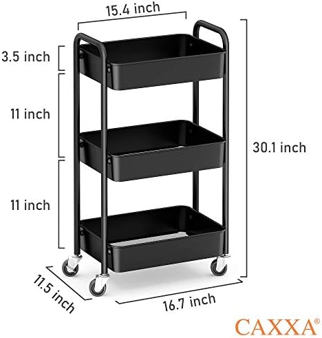 CAXXA 3-Tier Rolling Metal Storage Organizer - Mobile Utility Cart, Kitchen Cart with Caster Wheels (Black) - Image 2