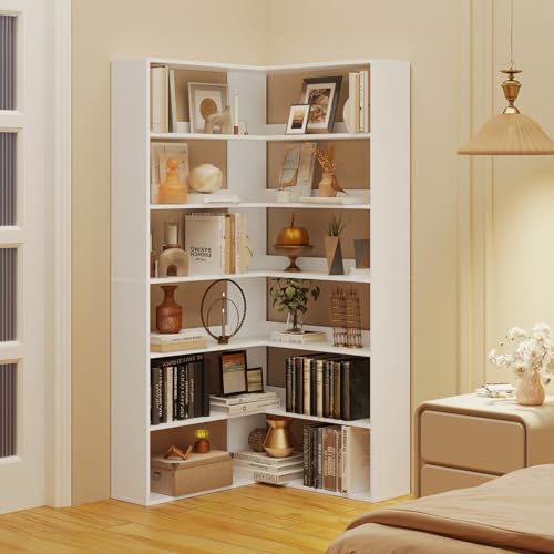 Corner Bookshelf, Freestanding L Shaped Display Shelf, 6 Tiers Bookcase with Baffles, Wooden Bookcase with Storage Organizer for Home Office, Living Room, Bedroom (35.2") - Image 3