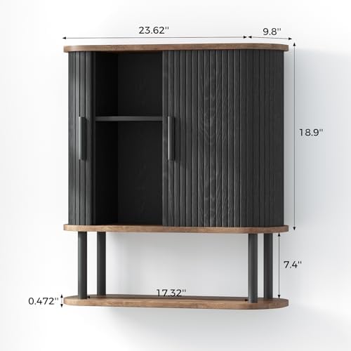 Fluted Bathroom Wall Cabinet with Tambour Sliding Door, Black - Image 2