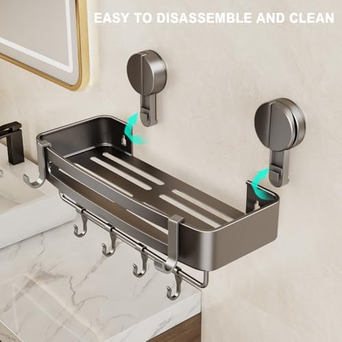 VOLPONE Shower Caddy Suction Cup, 2 Pack Corner Shower Shelves No Drilling, Showers Organizer Storage with Towel Bar & Removable Hooks, Bathroom Shower Shelf Rack for Inside Showers - Image 5
