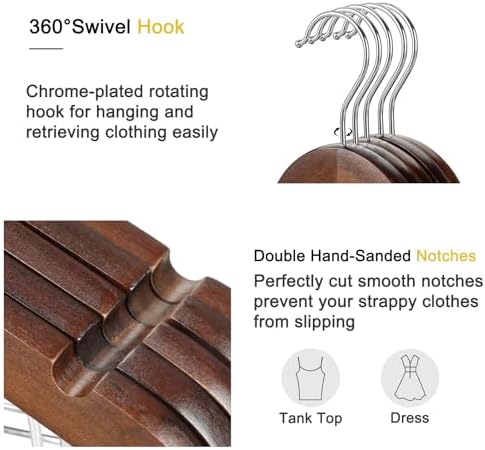 TOPIA HANGER Wooden Suit Hangers with Adjustable Metal Clips (20 Pack), Solid Wood Clothes Hangers, 360° Swivel Hook, Premium Retro Finish Pants Hangers for Clothes Coat, Jeans, Blouse-CT28A20 - Image 3