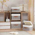 5 Pack Storage Bins with Lids, Linen Foldable Collapsible Boxes, 15 x 9.8 x 9.8 Inch Storage Baskets with Handles for Shelves, White and Grey - Image 2