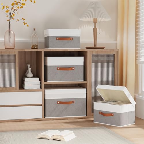 Storage Bins with Lids,White/Grey Baskets,3Pack,13x9.1x7.9In - Image 2