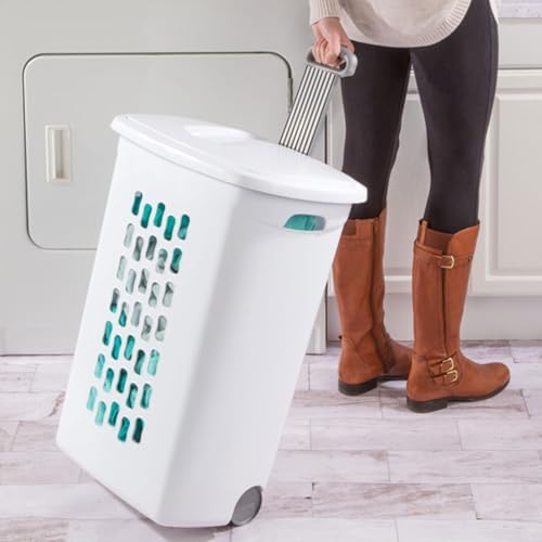 Sterilite 9-Pack Ultra Wheeled Hamper, Laundry Basket w/Flip-Top Lid & Retractable Handle - Plastic Rolling Clothes Storage Cart with Ventilated Holes for Home, Apartment or Dorm - Image 5