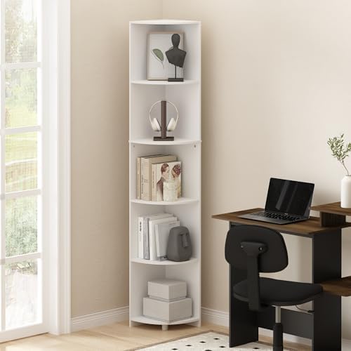 Furinno ECON Corner Shelf, 5-Tier Corner Book Shelf, Storage Shelves, Display Rack, Bookshelf, for Organization and Storage, Living Room, Home Office, White - Image 2