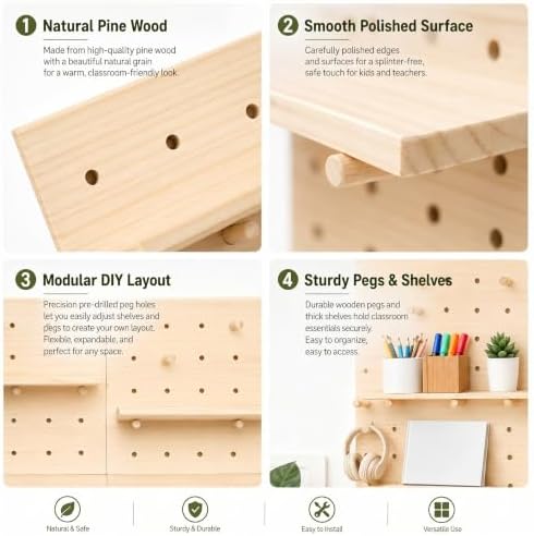 Gerrii 4 Pack Wood Pegboard Wall Organizer for Classroom 11.81 x 15.75 Inches Wooden Peg Board with Racks Hooks Modular Pegboard Organizer System for Teacher Supplies Student Work Display Office Craft - Image 3