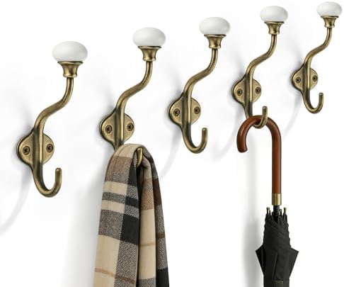 TUNNY Coat Hooks - 5 Pack Brushed Antique Brass Towel Hooks Robe Hooks Decorative Wall Hooks for Bathroom Bedroom Kitchen Towel Robe Clothes Cabinet Closet Bathroom Hardware by TUNNY