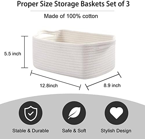 OIAHOMY 3 Pack Storage Baskets for Shelves Cotton Rope Storage Bins White - Image 3