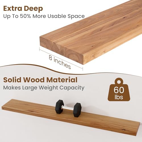 Floating Shelves for Wall Decor, 8" Deep Rustic Solid Elm Wood Floating Shelves Wall Mounted, Wall Shelves with Invisible Bracket for Living Room Bathroom Bedroom Kitchen, 55 Inch Set of 1, Natural - Image 5