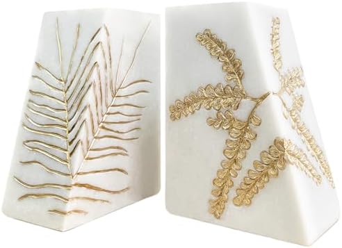 Heavy Duty Book Ends for Shelves, Decorative Book Ends for Heavy Books, Resin Modern Bookends with Marble Texture & Gold Botanical Detail, Minimalist Bookends for Home Decor, Set of 2 by GUSFREUD