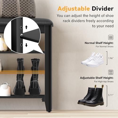 Taitiy Shoe Bench with 3 Tier Adjustable Shelves Rubberwood Entryway 31.5'' - Image 6