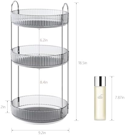 INVSSENE 360° Rotating Makeup Organizer, Bathroom Make Up Spinning Holder Rack, Large Capacity Cosmetics Storage Vanity Shelf Countertop, Fits Cosmetics, Perfume, Skincare, Lipsticks(3 Tiers, Gray) - Image 4
