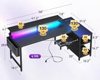 ODK 58 Inch L Shaped Gaming Desk with LED Lights, Power Outlets, Black - Image 3