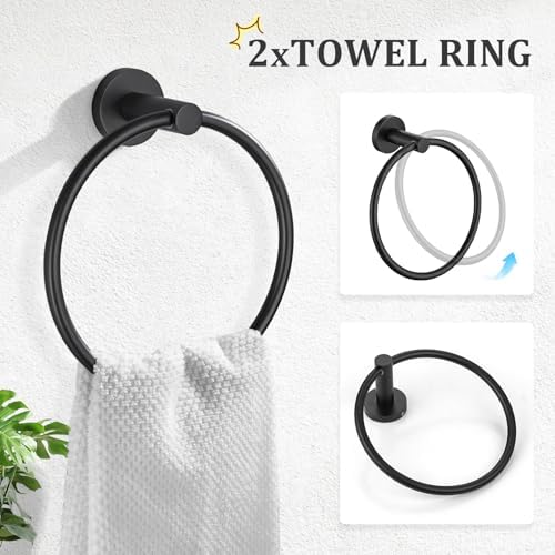 TURS Matte Black 8 Pieces Bathroom Hardware Set, SUS304 Stainless Steel 24 Inch and 20 Inch Bath Towel Bar Set, Round Bathroom Accessories Kit Wall Mounted Towel Holder - Image 3