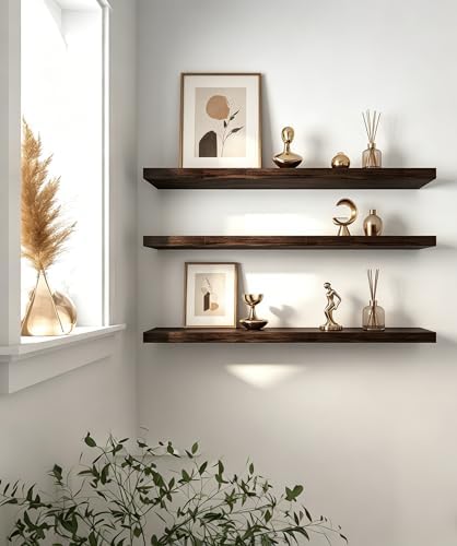 36 Inch Rustic Wood Floating Shelves Farmhouse Wooden Wall Shelves for Bathroom Bedroom Living Room Kitchen Office Set of 4 Brown - Image 4