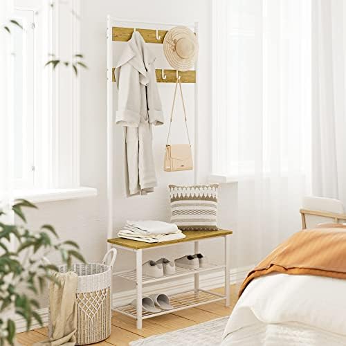 Hall Tree with Bench and Shoe Storage, 3-in-1 Coat Rack Shoe Bench, Freestanding Wooden Coat Rack with Metal Frame, 3-Tier Storage Shelf and 9 Removable Hooks, White/Walnut - Image 3