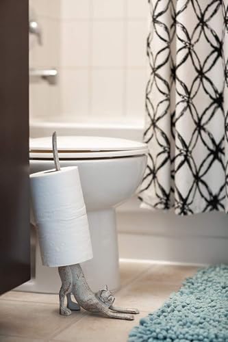 Yoga Cat Decorative Paper Towel Holder or Toilet Paper Holder by Comfify - Adorable Downward Dog Pose Kitty- Cast Iron Paper Towel Stand - Antiqued Cast Iron White Color - 19" Tall - Image 6