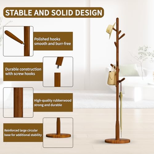 Solid Wood Round Base Coat Rack, Free Standing Hall Coat Tree with 8 Hooks（+2 spare for Coats, Hats, Bags, Purses, for Entryway, Hallway, Rubberwood Hooks,Base and Pole(Round Base,Brown) - Image 3